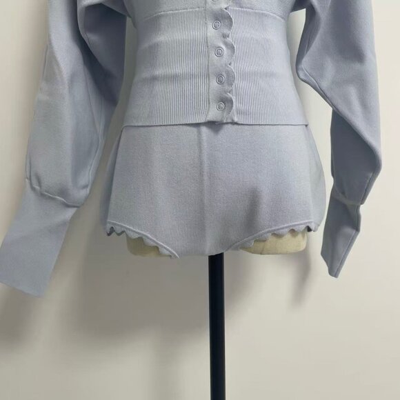 Light Blue Knit Waist-cinching Two-Piece Set French Romance Meets Soft Texture - Picture 8 of 13